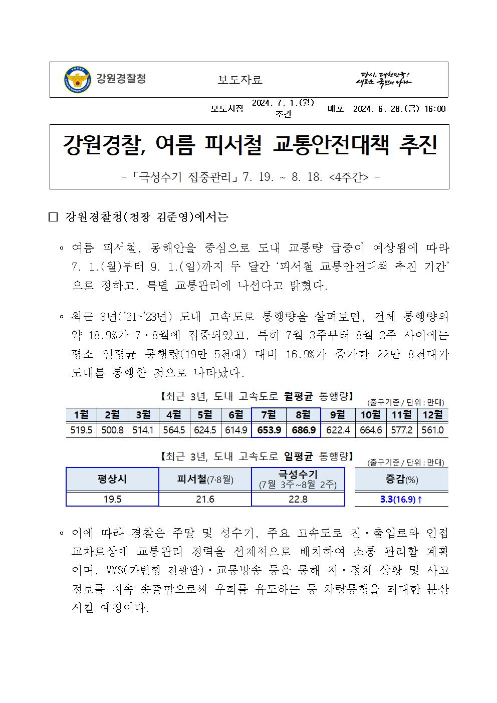 강원경찰, 여름 피서철 교통안전대책 추진-□ 강원경찰청001