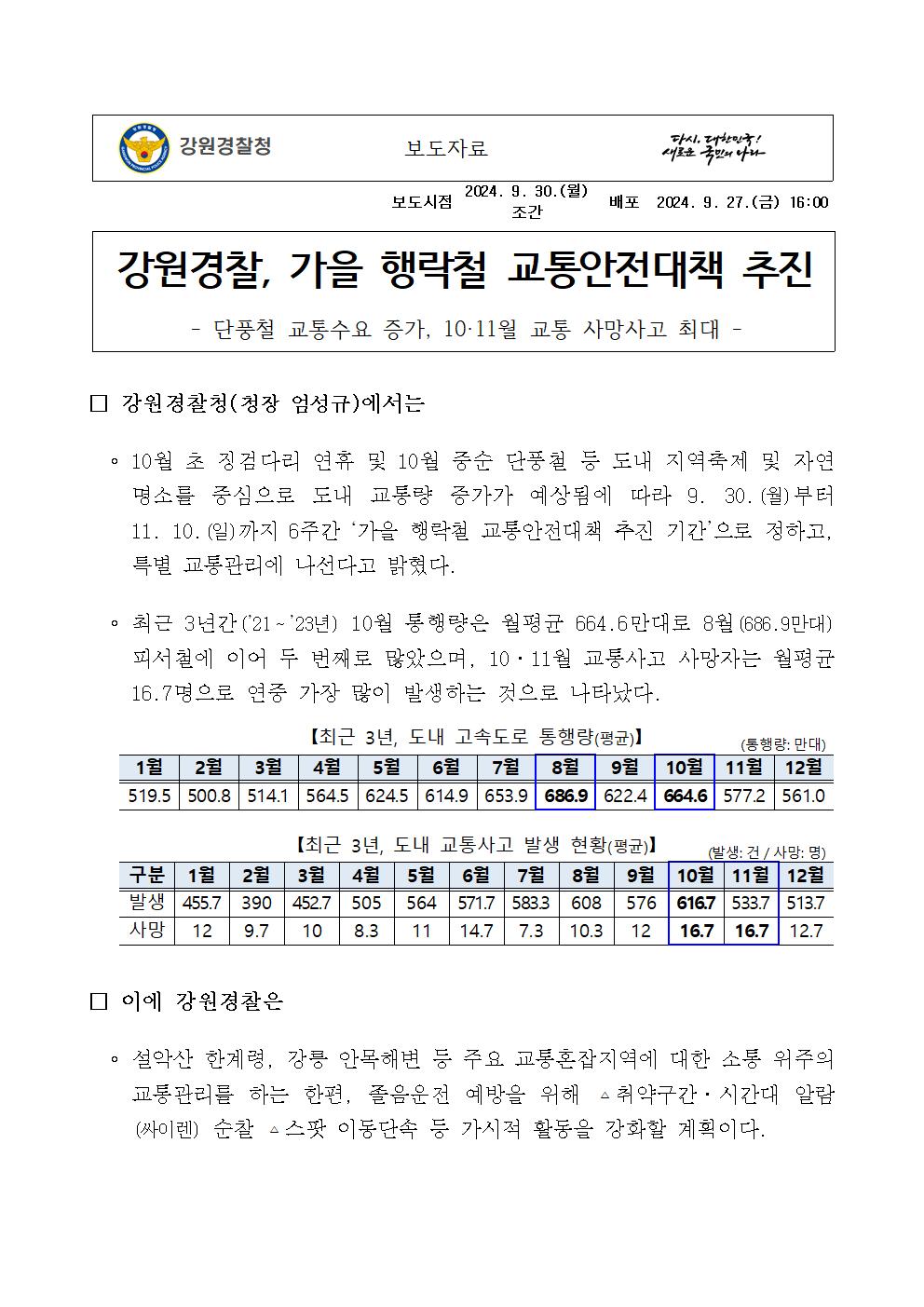 강원경찰, 가을 행락철 교통안전대책 추진-강원경찰  가을 행락철 교통안전대책 추진 1