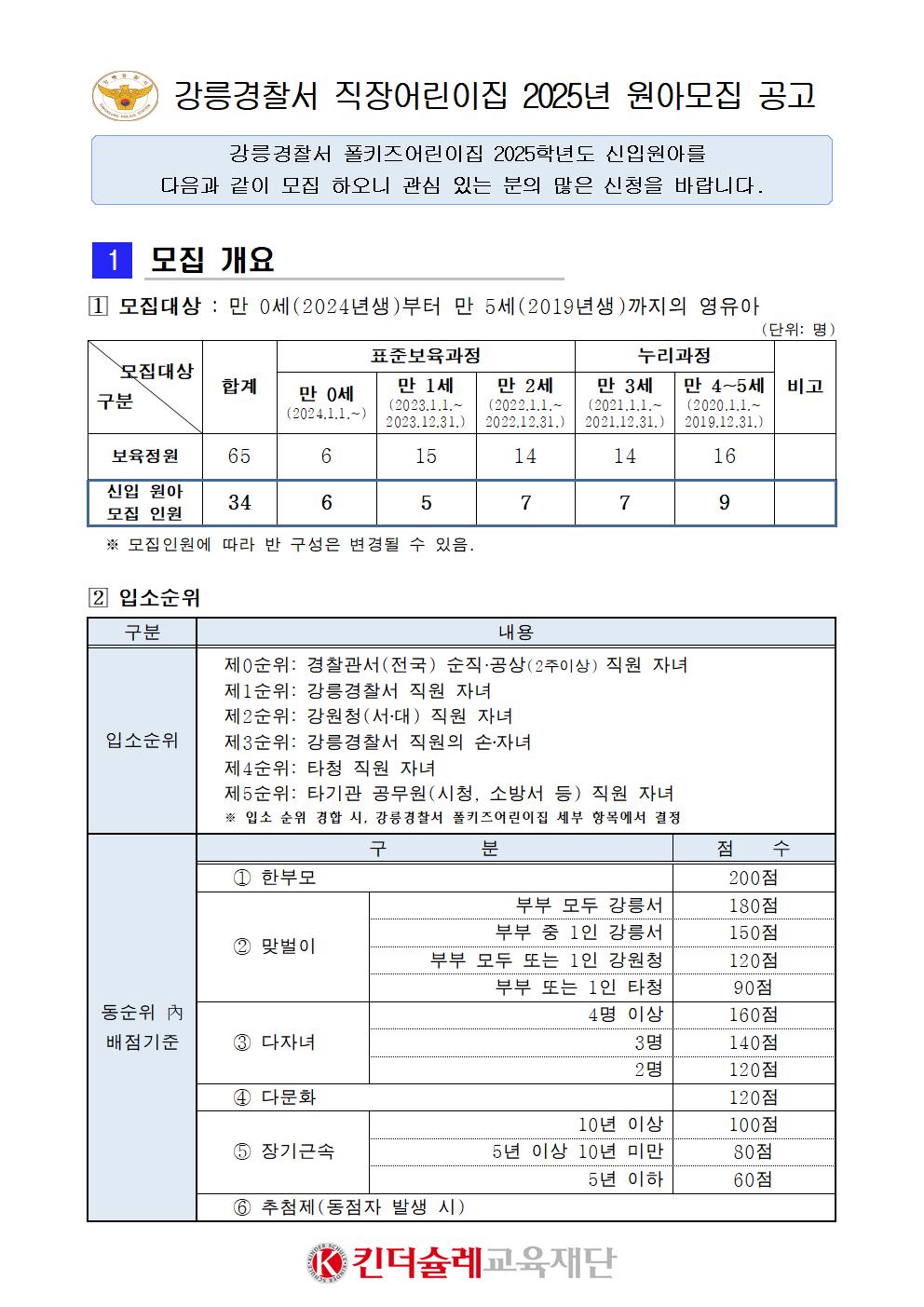 강릉경찰서 폴키즈어린이집 2025학년도 신입원아 모집 공고-2025년 신입원아 모집공고001