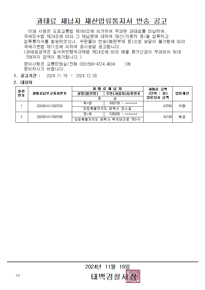 과태료 체납자 재산압류통지서 반송 공고(20241119)-과태료 체납자 재산압류통지서 반송 공고(20241119)