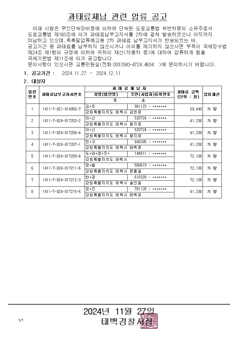 과태료체납 관련 압류공고(20241127)-과태료체납 관련 압류공고(20241127)