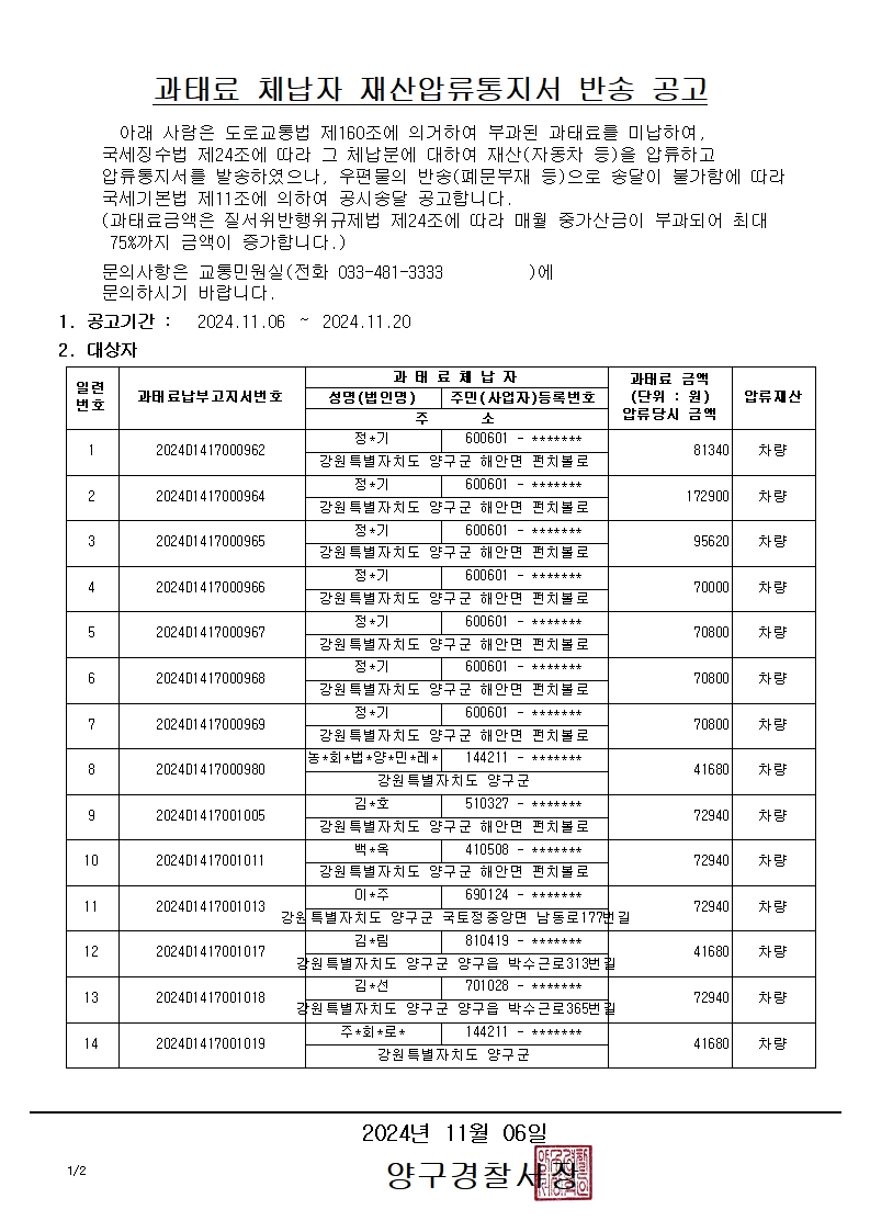 과태료 체납자 재산압류통지서 반송 공고-과태료 체납자 재산압류통지서 반송 공고1